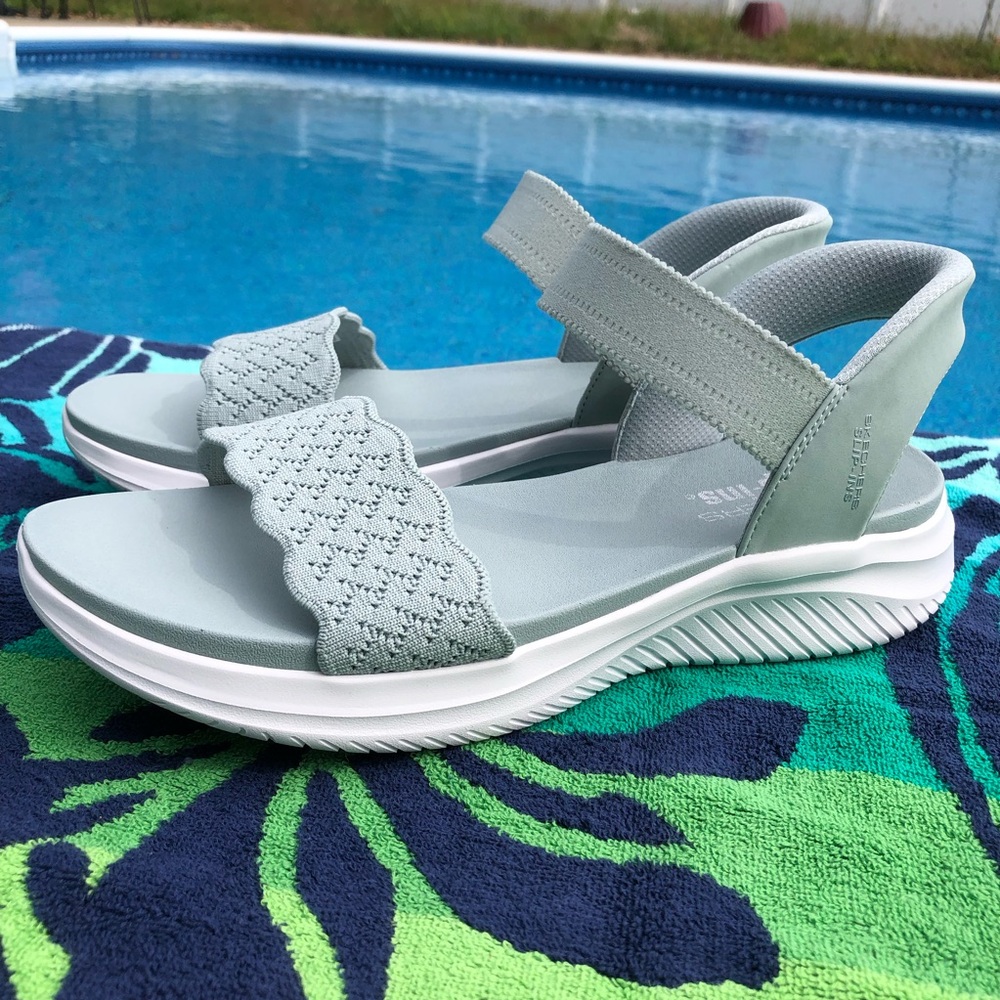 Skechers Slip Ins Ultra Flex Sandals Feelin Pretty Sage Green
